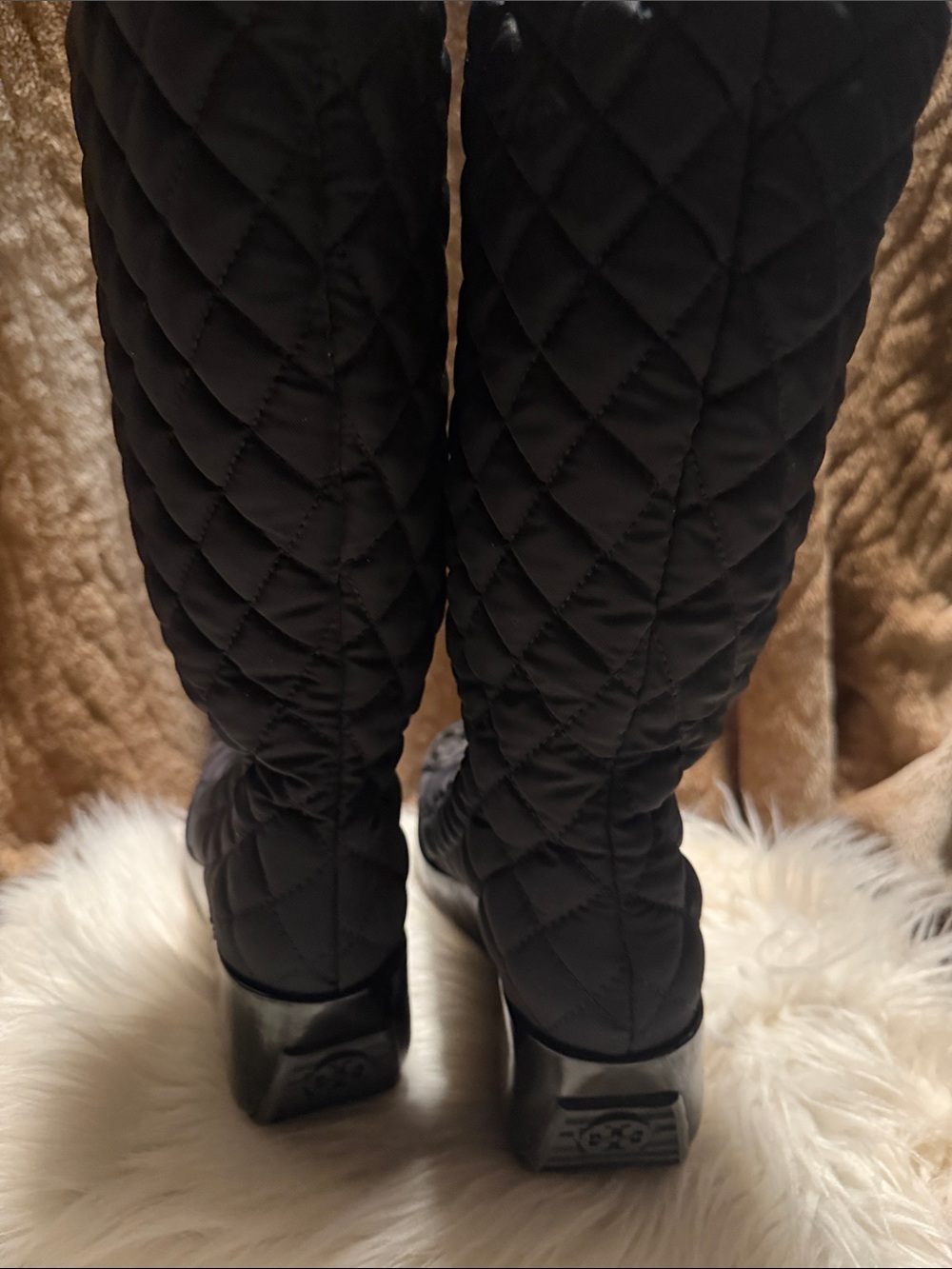 Tory Burch Black Quilted Knee-High Boots with Gold Accents - Picture 2 of 3
